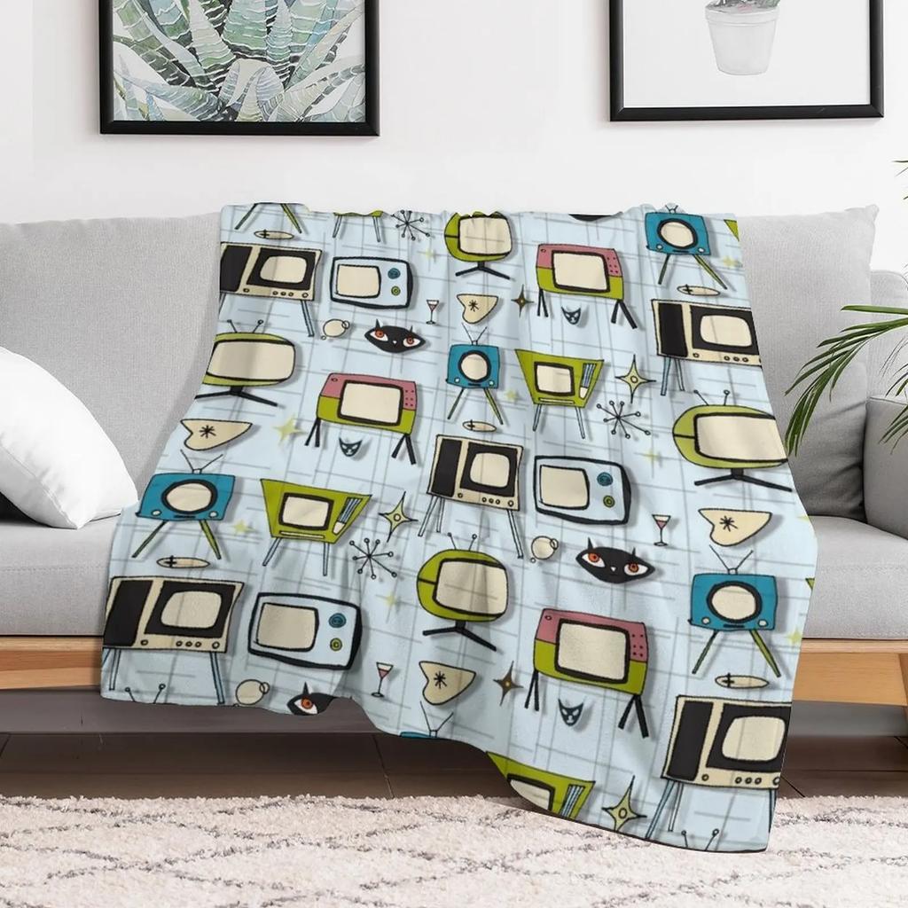 Retro Tv Blue midcentury Throw Blanket Thin Soft Blanket for Summer Night Sleeping