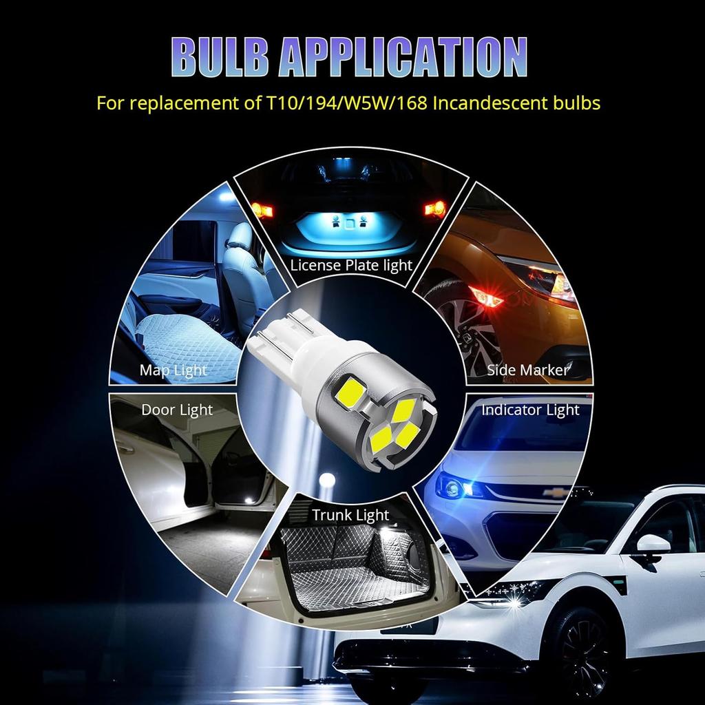 T10 LED Bulbs for Vehicle Map Light 168 194 175 W5W 6-SMD 3030 Chipsets 6000K Super White for License Plate Light Dome Door Courtesy Indicator Side