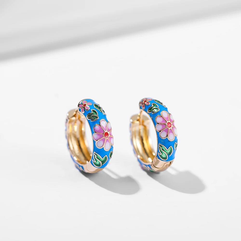 Vintage Multicolor Enamel Flower Round Hoop Earrings Boho Gold Color Circle Round Earrings Statement Jewelry Gifts for Women