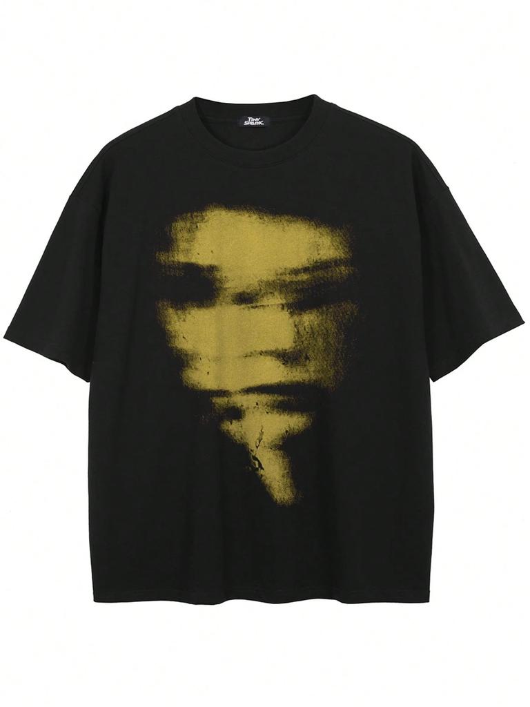 Unisex Red Minimalist Graphic Tee Faded Abstract Face Watercolor Print Loose Fit Cotton Top For Daily Urban Style