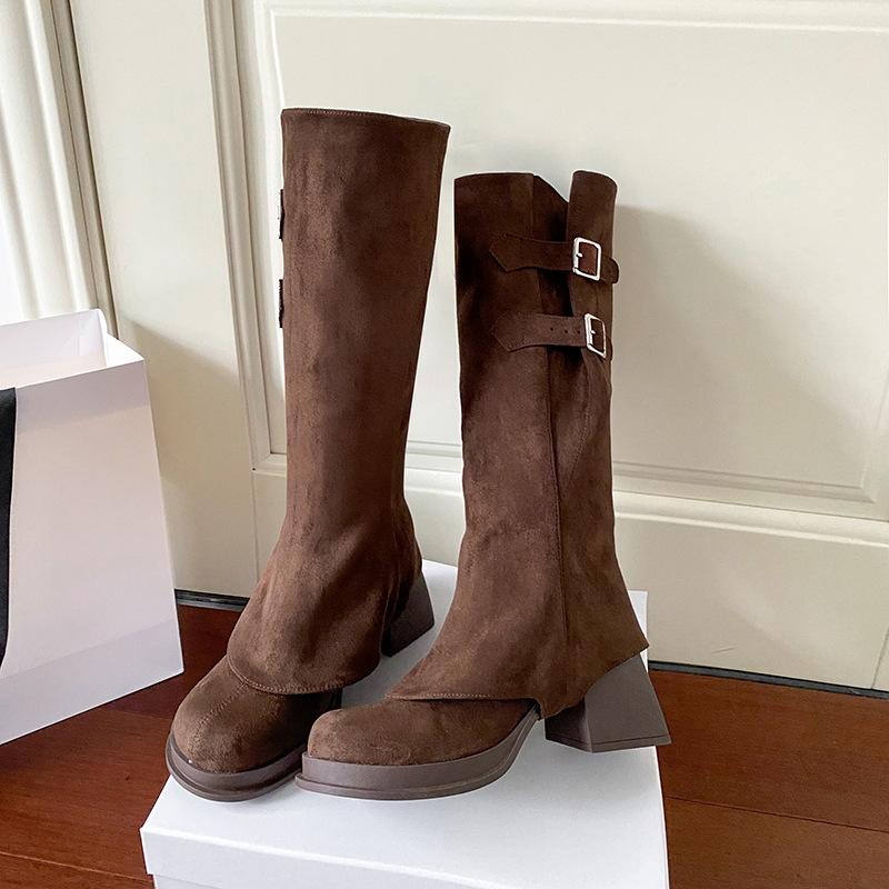 Cowhide~ Autumn and winter tall boots, genuine leather, two wear removable retro high-heeled boots, thick-soled thick-heeled trousers, women's boots