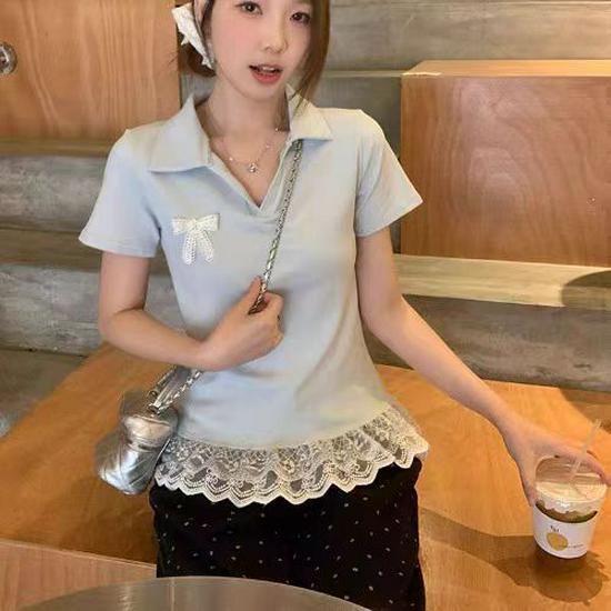 Plus Size Lace Hem Bow Collar Short Sleeve Top for Women - Summer Slimming Polo Style