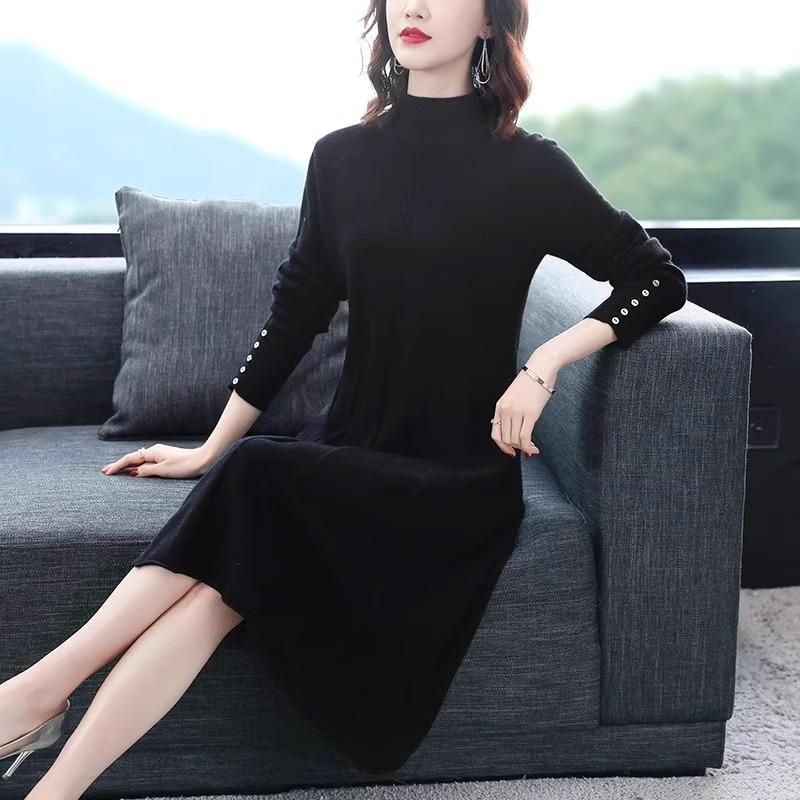 Autumn Winter Round Neck Elegant Knitting Robe Dress Women Solid Color Casual Fashion Bottomed Vestidos