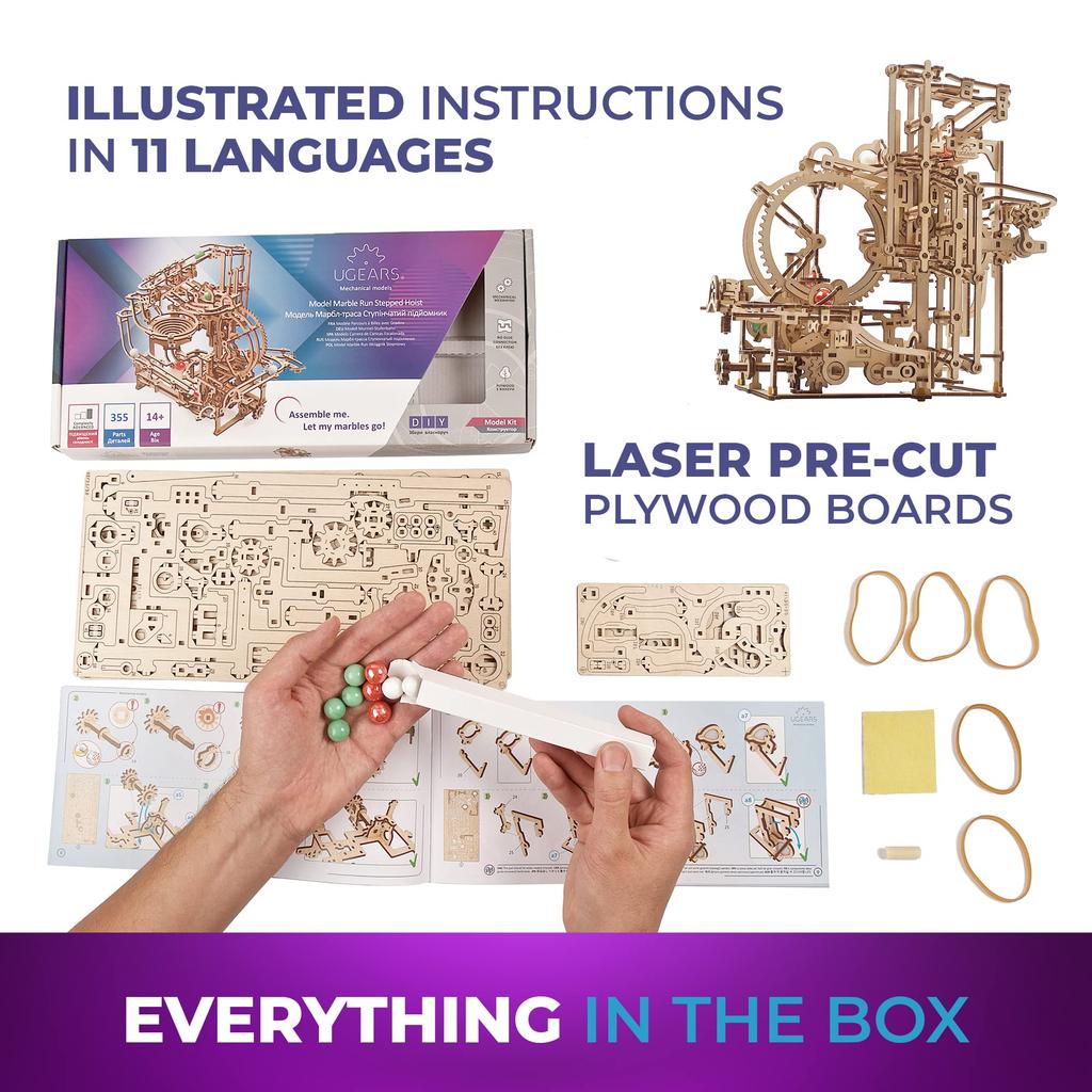 Ugears Marble Run Step Hoist 70156 Wooden Puzzle, Crafts & Models, No Glue or Tools Required, for Adults and Kids