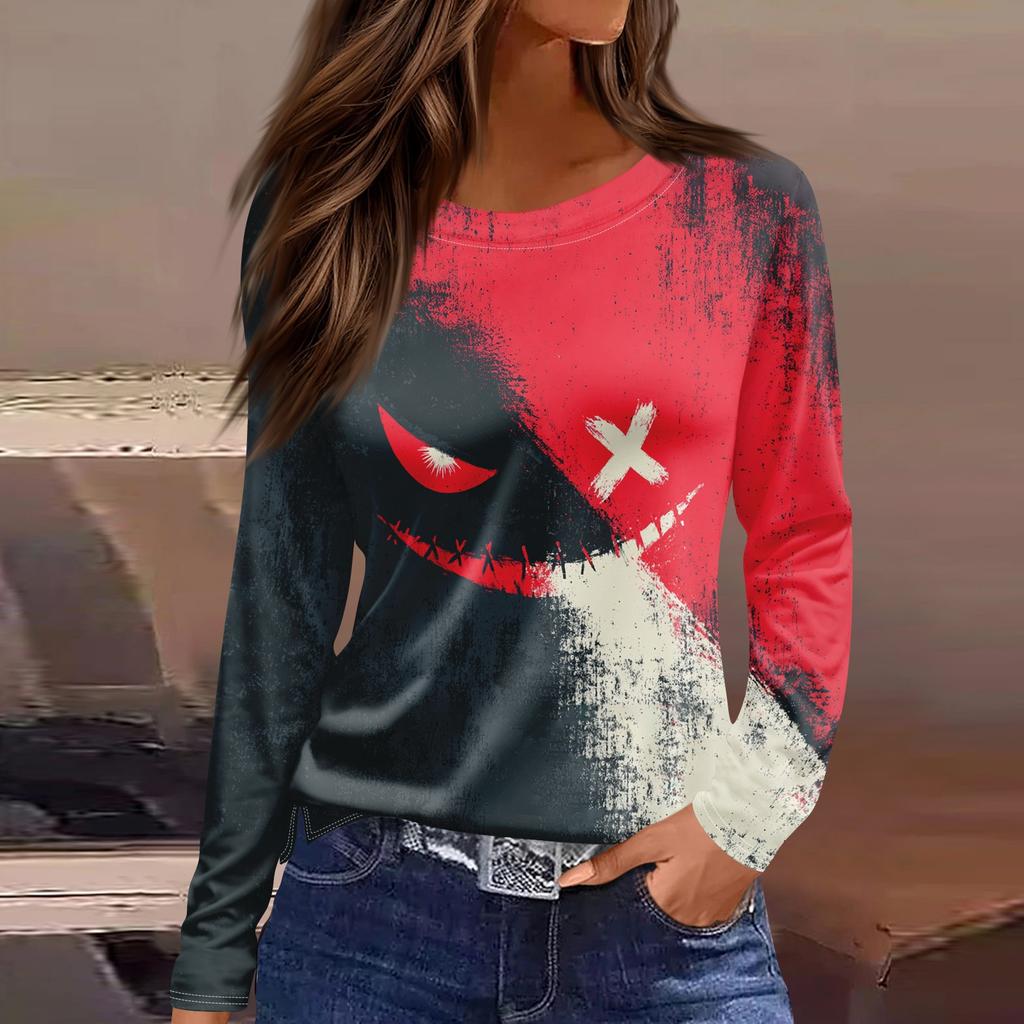 Women's Halloween Print Long Sleeve Top with Round Neck and Hem Slit for Casual Party Wear