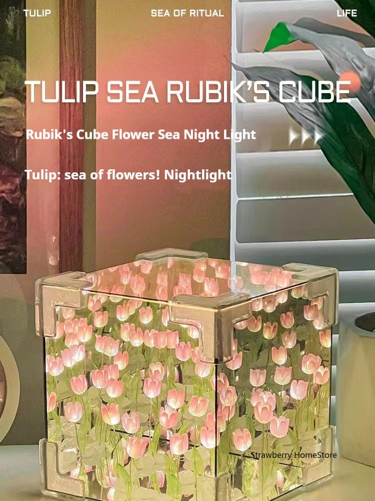 Handmade DIY Tulip Flower Cube Night Light Tulip Mirror Bedroom Decor Atmosphere Lamp Sleeping Table Lamp Couple Birthday Gift