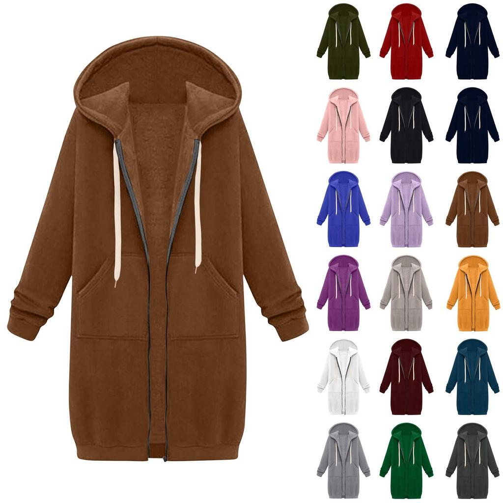 Women Casual Zip Up Hoodie Long Tunic Sweatshirt Winter Windproof Drawstring Hooded Jacket Outerwear Pockets