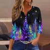 Women's Fashionable Casual Christmas Printed V-neck Three-quarter Sleeve Decorated Button Top