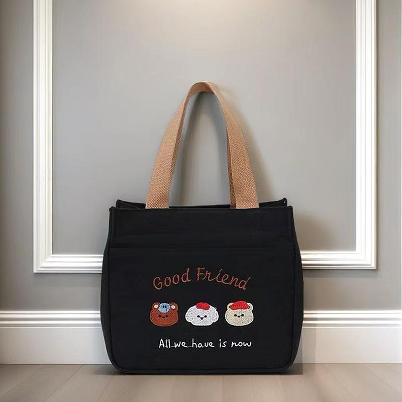 1Piece Cute Embroidered Small Bear Printed Canvas Versatile Handbag Office Worker Lunch Bento Tote Bag Mountaineering Bag