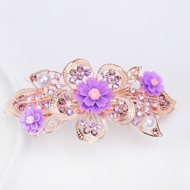 Single Large Large Rhinestone Hair Clip Spring Loaded Rectangular Hairpin with Multicolor Flower Design for Ponytails, Prom, Weddings & Special O