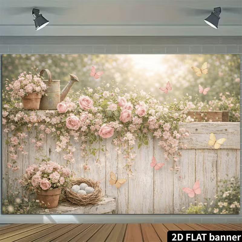 2D Pink Rose Vintage Wood Fence Butterfly Photography Backdrop Floral Background Banner
