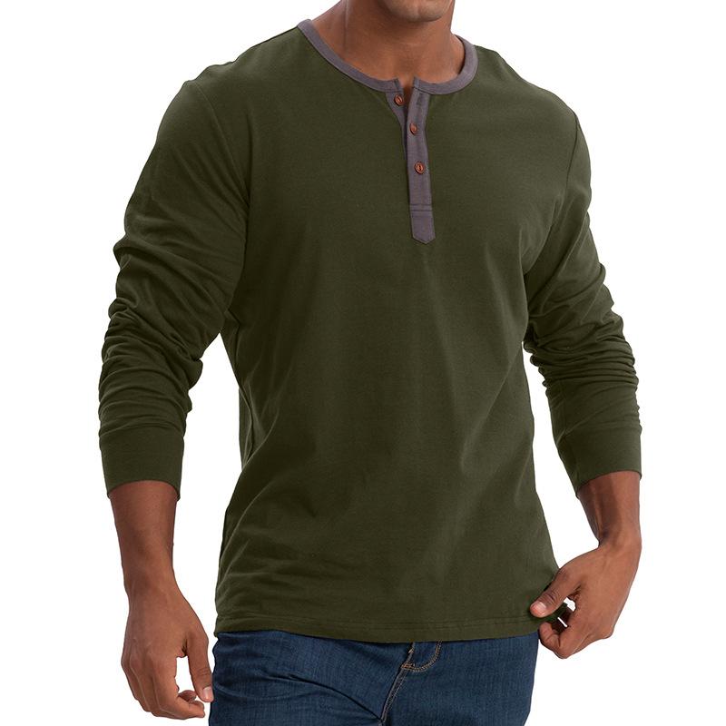 Men's Henley-style round-neck long-sleeved T-shirt Men's loose-fitting sports top