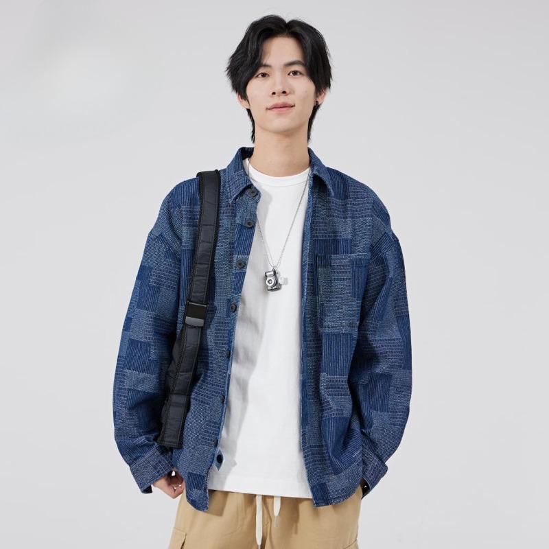 Spring and Autumn Men's Plaid Lasel Loose Casual Shirt