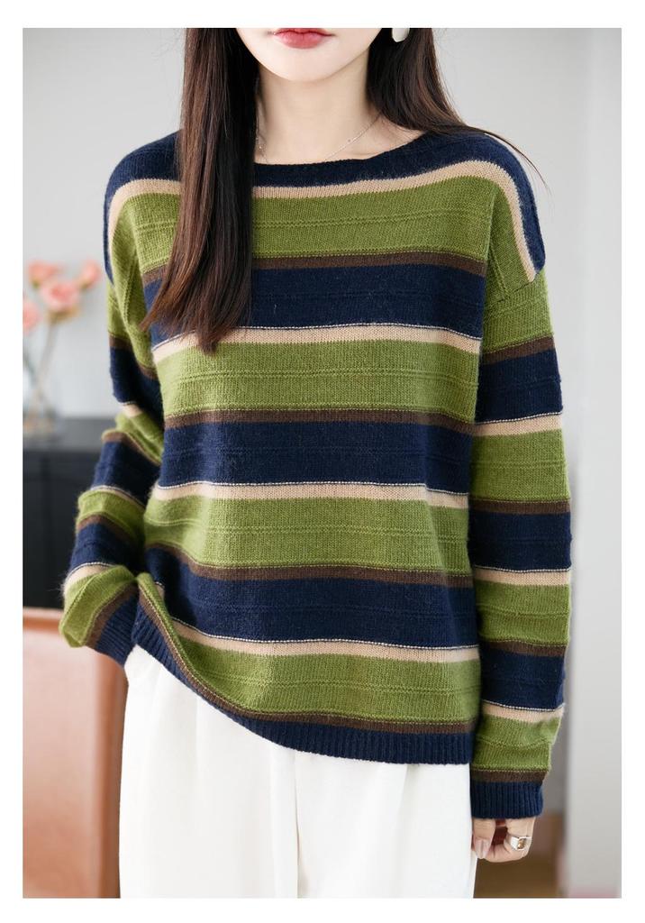Women's Retro Striped Wool Base Layer Sweater - Loose Fit, Round Neck Knit with Long Sleeves