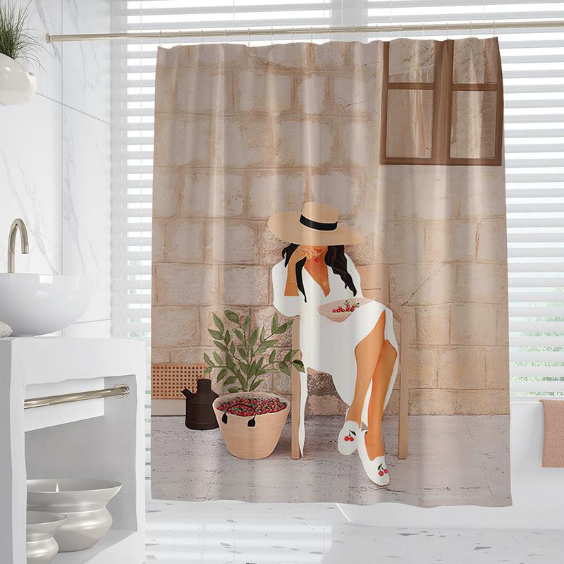 Morandi plants and flowers washable Dirt-Resistant Shower Curtain Shower Head waterproof Polyester Bath Curtain For Home Decor