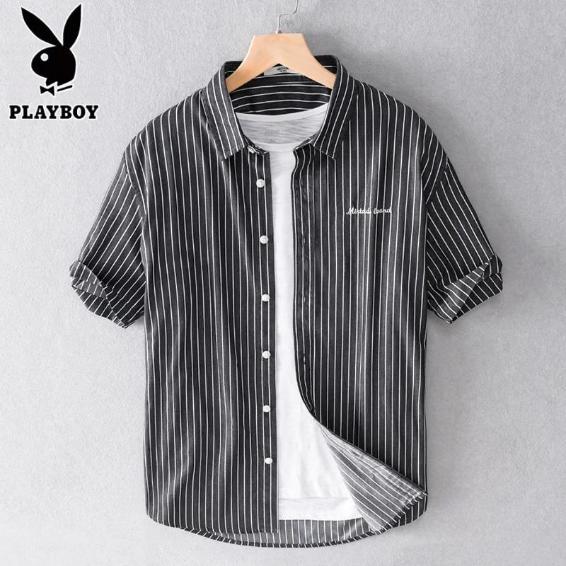 PLAYBOY Men s Short-Sleeve Striped 100% Cotton Casual Shirt XL