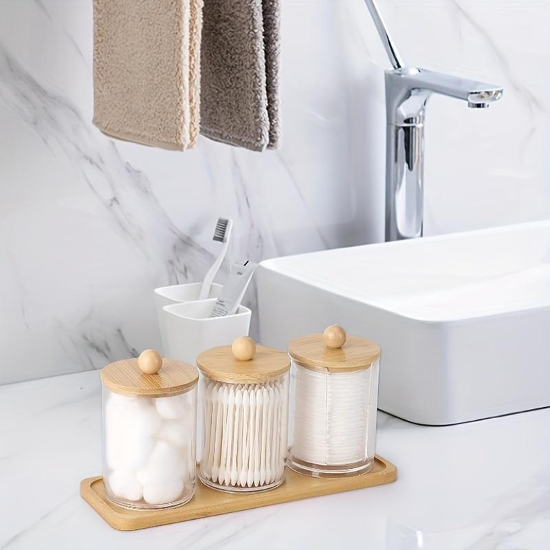 10 Oz Qtip Holder with Vanity Tray, 3 Pack Cotton Swab/Ball/Pad Dispenser Apothecary Jar, Clear Bathroom Containers Dispenser Fo