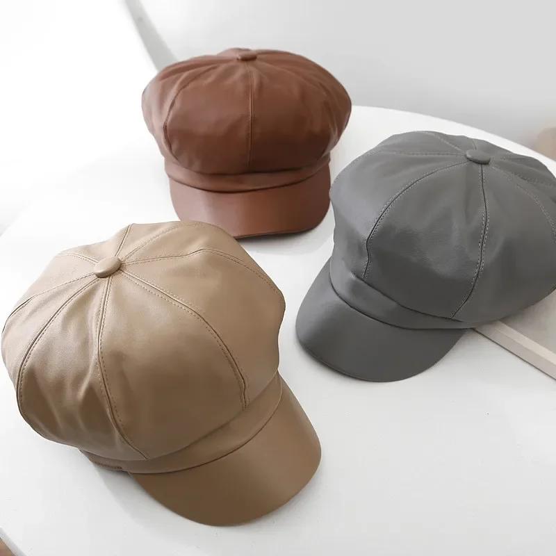 PU Achteckige Kappe Weibliche Mode Leder Kappe Ente Zunge Kappe Baskenmütze Frauen Hut Winter Hut
