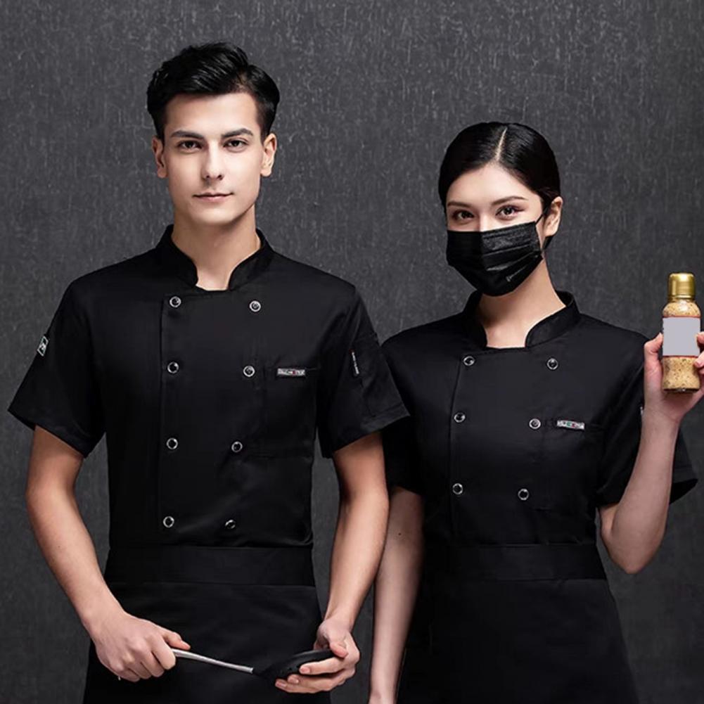 Unisex Chef Shirt Kitchen Double-breasted Short Sleeve Stand Collar Soft Chest Pocket Breathable Stain-resistant Loose Kitchen B