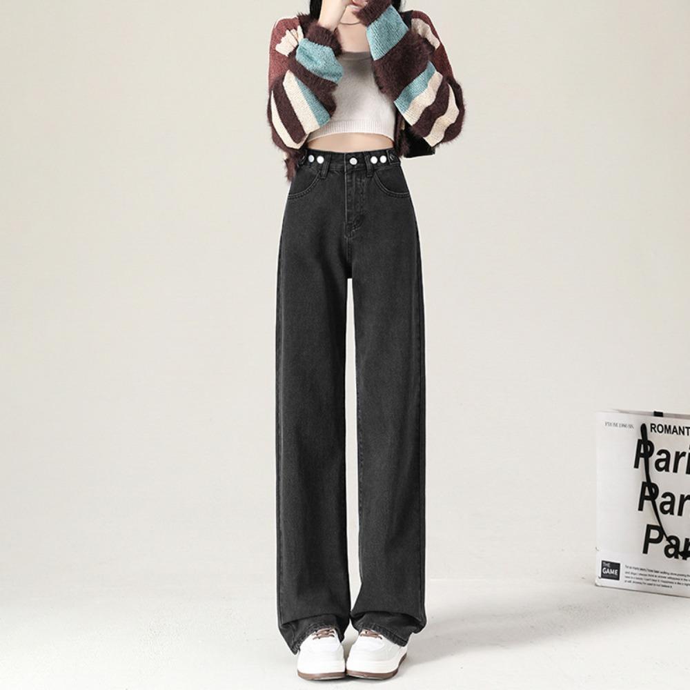 Autumn and Winter Denim Wide-leg Pants Women's High Waist Adjustable Loose and Thin New Design Straight Mopping Pants