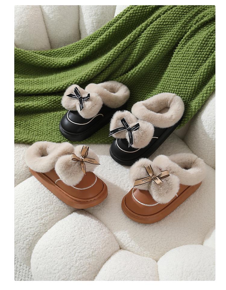 Waterproof Leather Bow Fur Women's Slippers - Thick, Cute, Relaxing Cotton Indoor/Outdoor Shoes