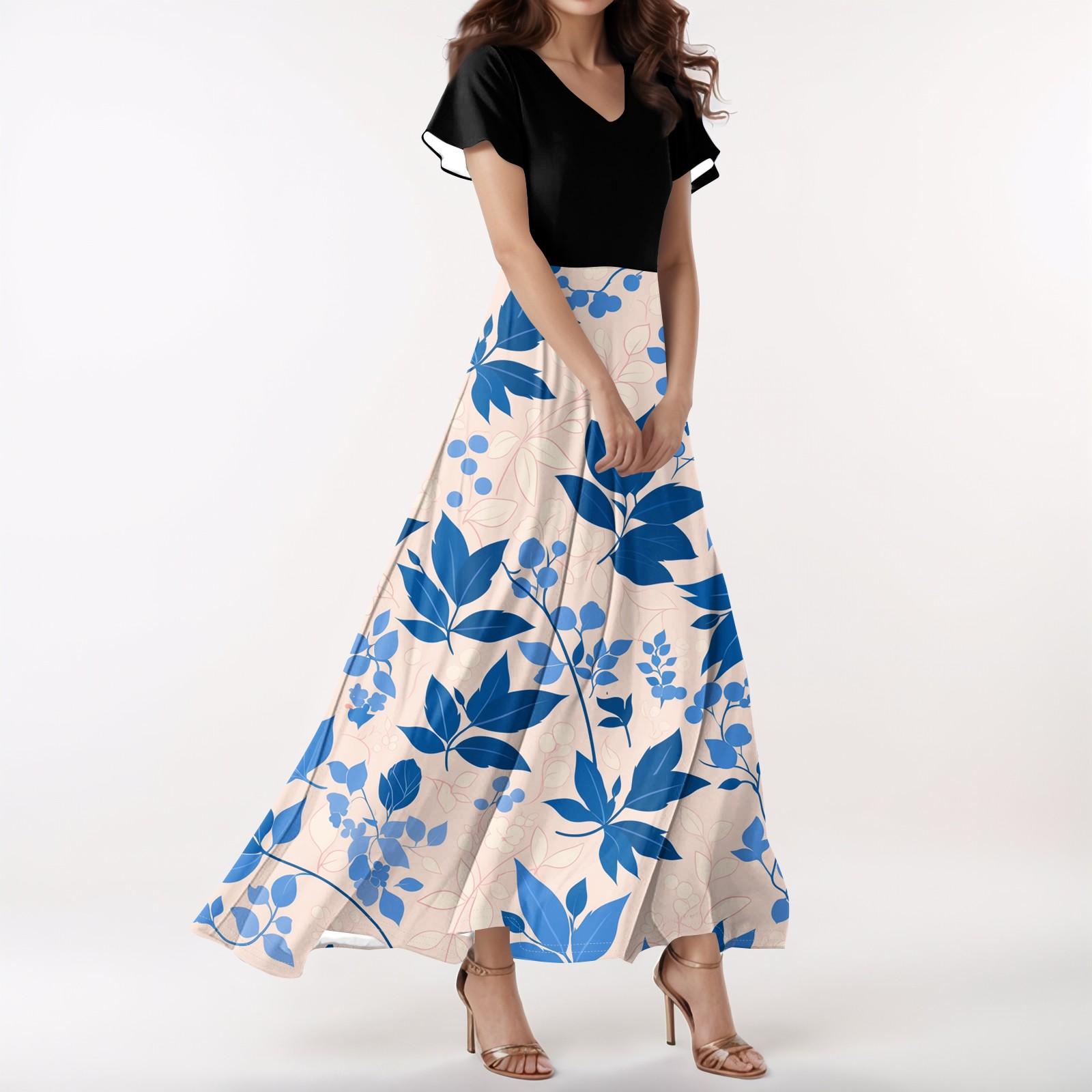 

Женское повседневное платье с V-образным вырезом, коротким рукавом, высокой талией и принтом в виде цветов и листьев в стиле ретро L синий