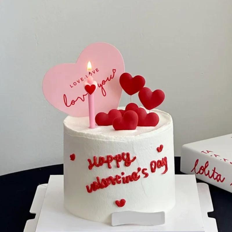 5pcs Birthday 3D Red Heart Cake Toppers Pink Heart Love Cake Decor Happy Birthday Anniversary Wedding Cupcake DIY Decoration