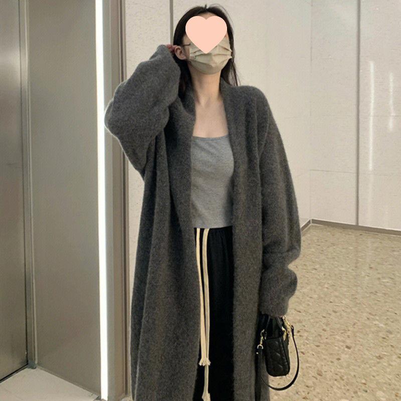 Women's Gray Oversized Knit Sweater Coat: Mid-Length, Over-the-Knee, Autumn/Winter, Thickened Lazy Style.