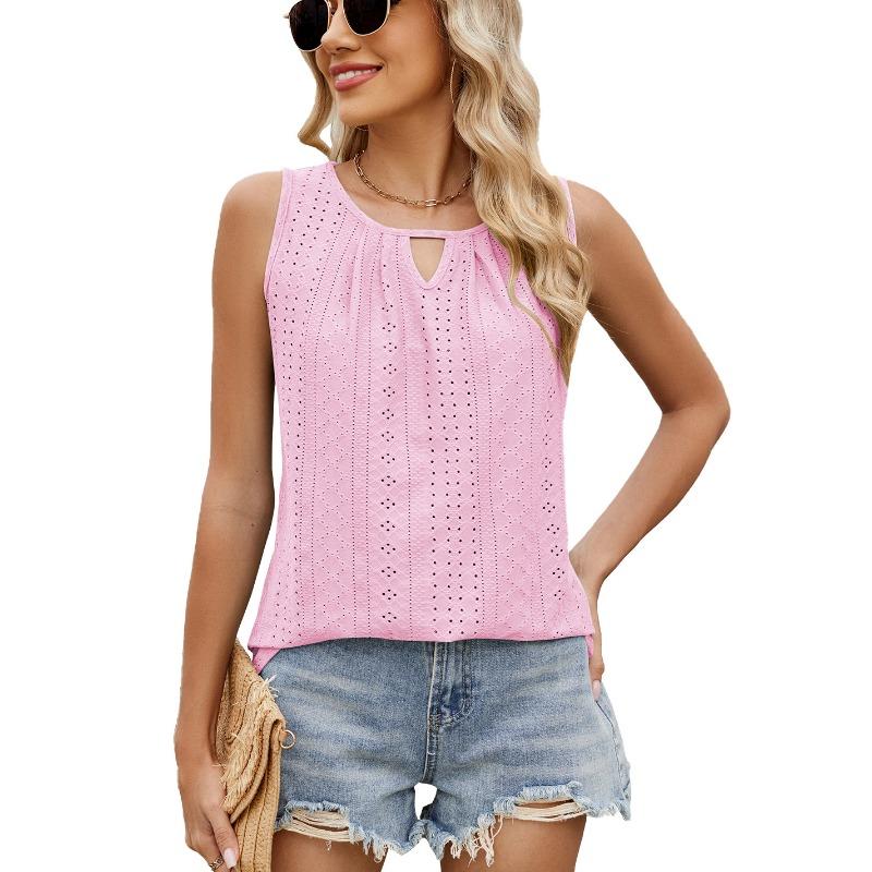 Women's New Spring and Summer Round Neck Hollow Pleated Vest Sleeveless Top T-shirt