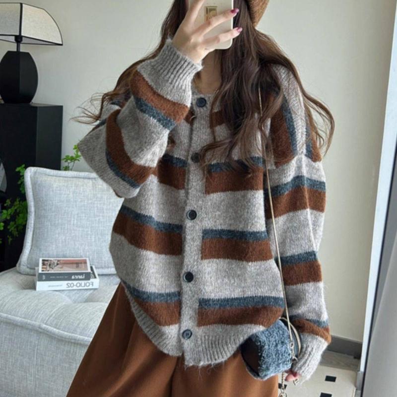 Korean Version Loose Lazy Style Casual Vintage Color Block Stripe Knitted Cardigan Sweater Women's Top Coat