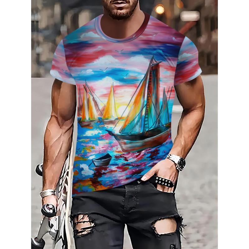 

Summer short sleeved round neck T-shirt for men, beach coconut 3D printed top, fashionable men s T-shirt XS