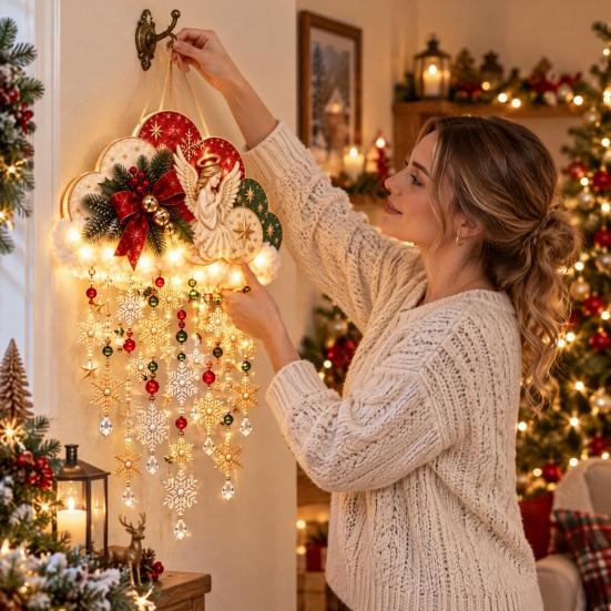 Christmas Party Supplies Vintage Lighted Snowfall Cloud, Cascading Snowflake Light with Reindeer/Angel, Winter Hanging Decor LED Holiday Lantern