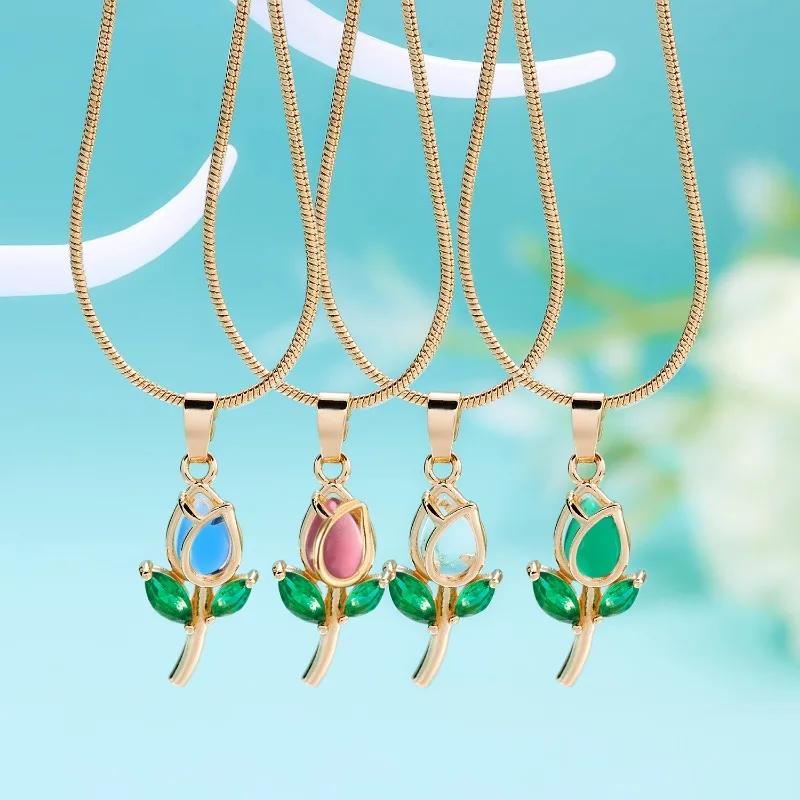 

Elegant Tulip Necklace with European and American Fashionable Temperament Women s Flower Diamond Collar Chain