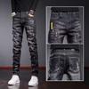 Elastic ripped jeans men's summer thin new slim-fitting small feet trendy brand casual men's long pants