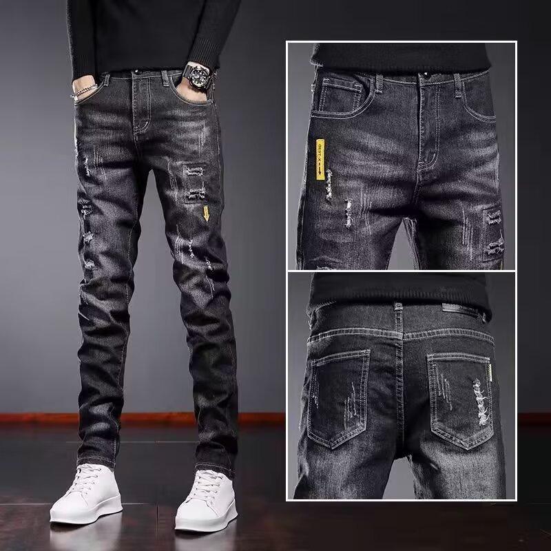 Elastic ripped jeans men's summer thin new slim-fitting small feet trendy brand casual men's long pants