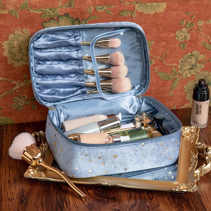 Portable Travel Small Cosmetic Bag Flannel Cosmetic Storage Bag Hand Flannel Women's Large Capacity Starry Sky Cosmetic Bag
