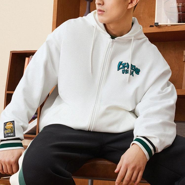 Li-Ning Sports Fashion Series Letter Logo Print Zip Hoodie Men Tops White AWDT549-1