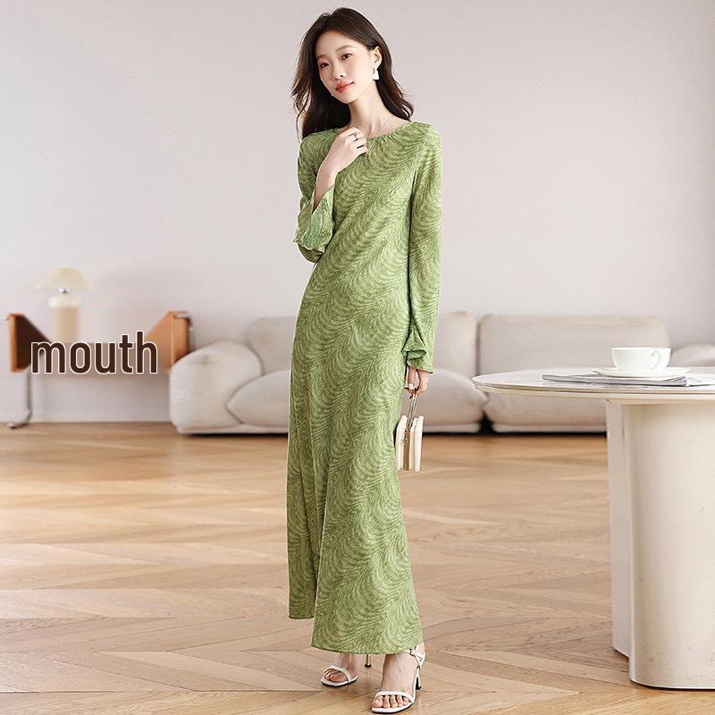 Green Field Slimming French Retro Bodycon Dress - Elegant Ribbed Long Sleeve