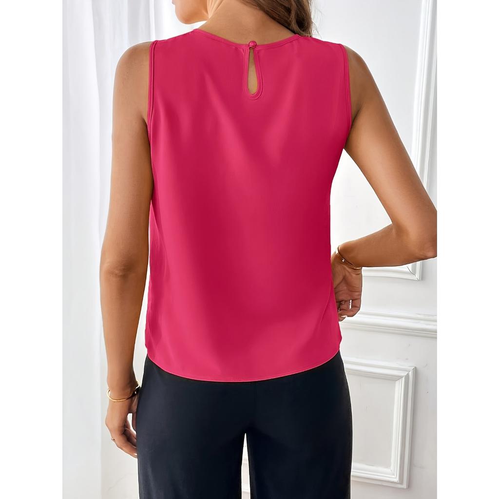 Women's Elegant Solid Color Crew Neck Tank Top, 100% Polyester Non-Stretch Woven Fabric, Fashionable Top for All Seasons