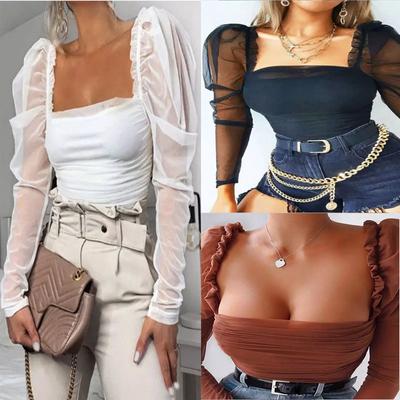 Patchwork Spitze Mesh Crop Tops 90er Jahre Sommer T-Shirts Frauen Fashion Square Neck Langarm T-Shirts für Frauen Schwarz Weiß Sexy T-Shirts
