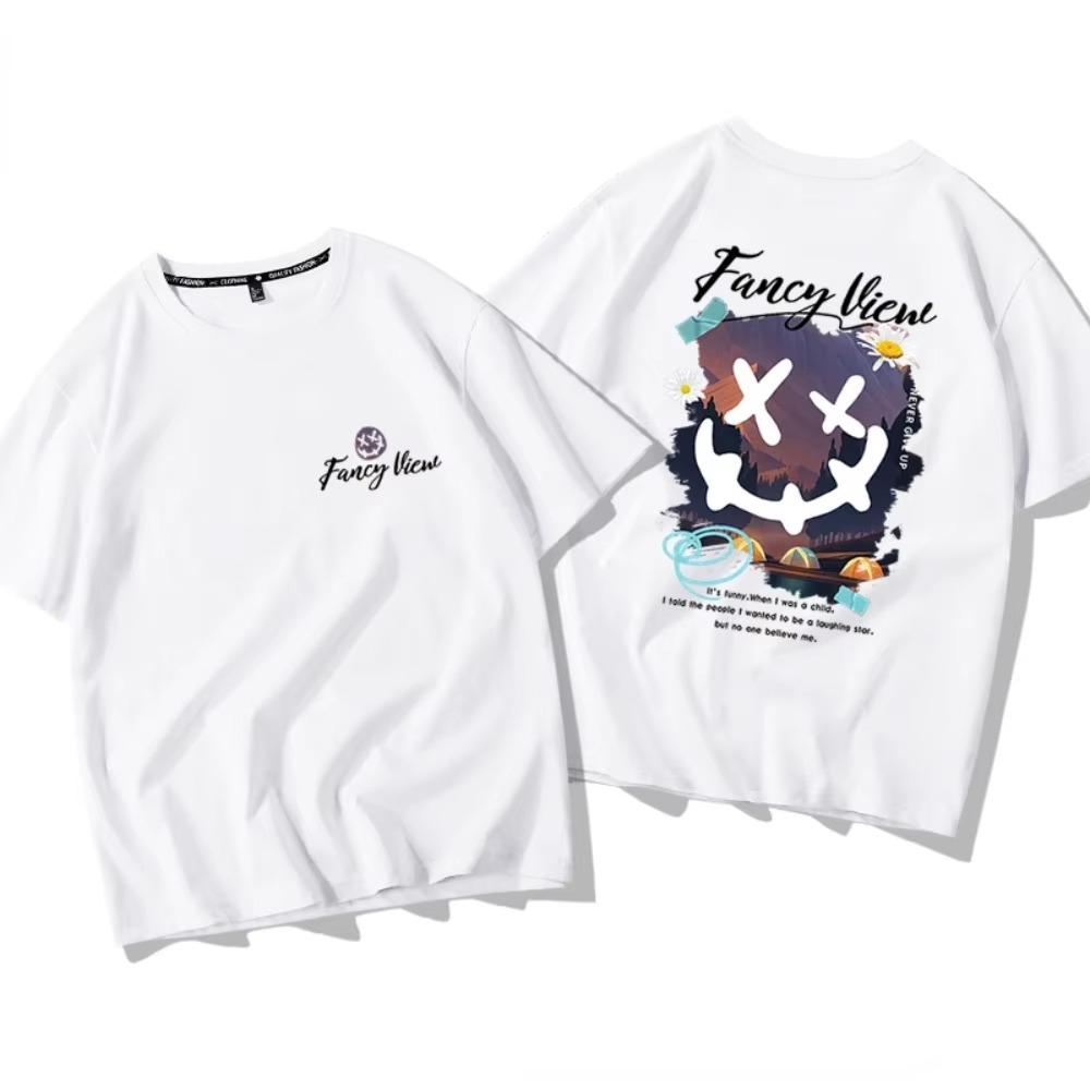 Summer Fashion Heavyweight Retro Men's English Letters 100% Cotton Printed Round Neck High-quality Casual Fitness Street T-shirt