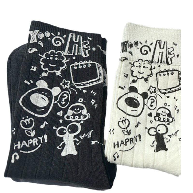 Trendy Mid-Calf Black & White Graffiti Skateboard Socks with Hot-Stamped Cartoon Style Letters