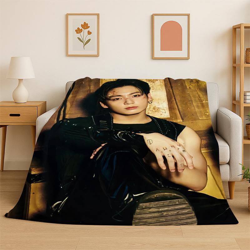 Kpop BBTS Jeon Jung Kook JK Flannel Blanket Soft Warm Throw Blanket for Bedroom Living Room Bed Travel Camping Picnic Gift