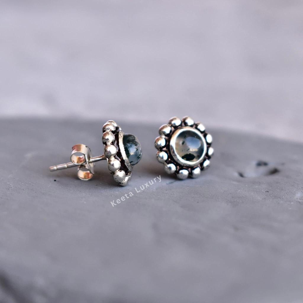 Natural Green Moss Agate Suds Healing Gemstone Studs Moss Agate Earrings for Women Daily Wear Earrings Gift for Mom or Loved Ones