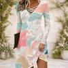 Women Criss Cross V Neck Long Sleeve Abstract Floral Printed Curved Hem Dress