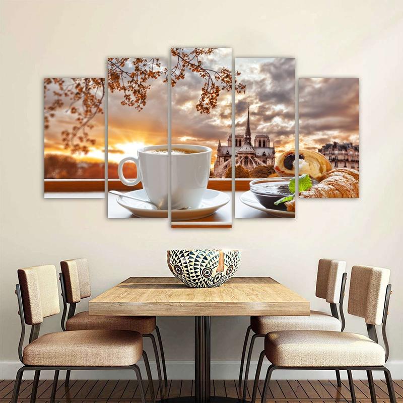 5 Panels Coffee Posters Wall Art Modern Home Decor Sunrise Canvas Prints Food Painting Tree Pictures Dining Room Restaurant