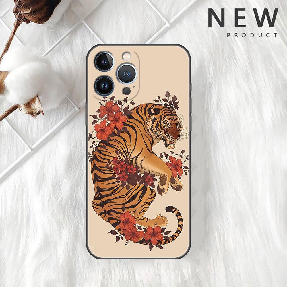 Funda Case For Apple iPhone 14 11 13 7 12 Pro 7 XR XS Max 8 Plus 6 14Pro 13Mini Black Soft Phone Coque Tiger Crane ART