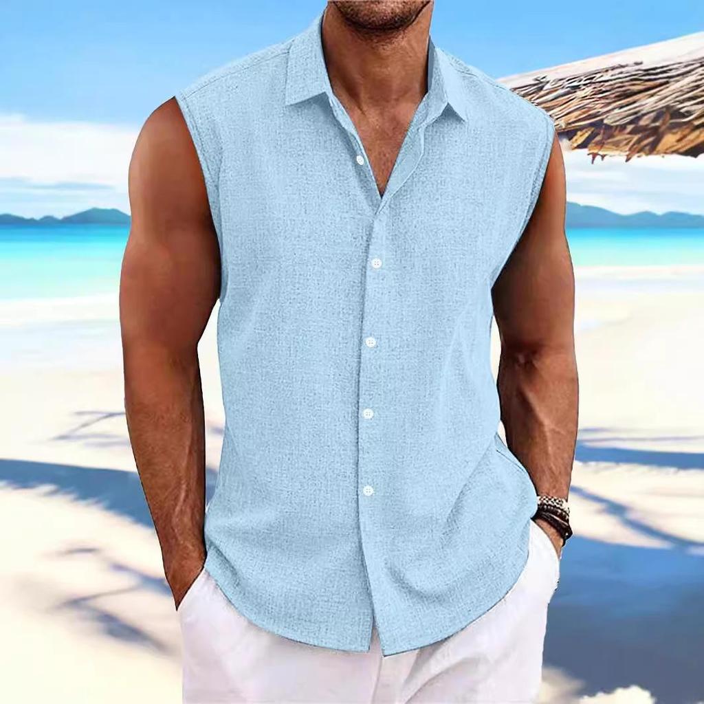 Hawaiian Men's Cotton Linen Sleeveless Beach Shirt