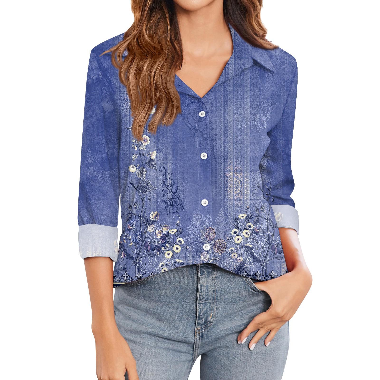 

Женская футболка с принтом, женская рубашка на пуговицах с длинным рукавом, блузка, повседневные топы L синий