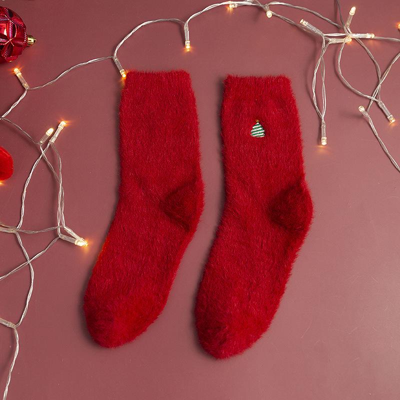 2024 Women's Christmas Stockings: Mink Velvet, Mid-Calf, Red Embroidered, Warm Autumn/Winter Socks.